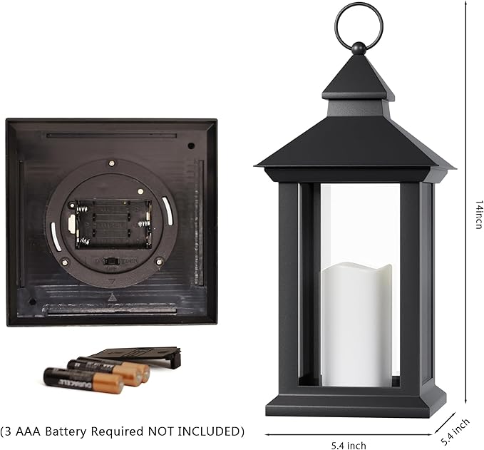 Lanterns Decorative Indoor, 14" Battery-Powered Waterproof Black LED Candle Lanterns with Timer for Patio & Outdoor, Vintage Hanging Lantern for Home & Wedding, Transparent
