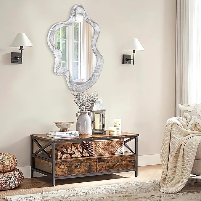 Asymmetrical Mirror Wood Frame Irregular Wall Mirror Unique Shape Wavy Wall Mirror Modern Artistic Cloud Mirror Decorative for Living Room Bedroom Cloakroom Bathroom Entryway Hallway White