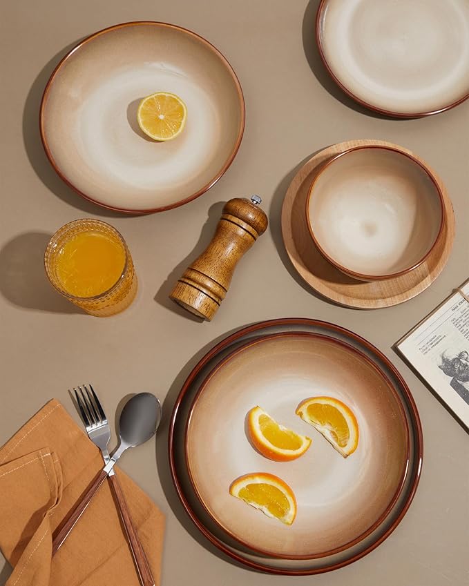 16 Piece Double Bowl Plates and Bowls Sets, Ceramic Dinnerware Sets with Pasta Bowls, Dishwasher & Microwave Safe Dish Set, Scratch Resistant Stoneware Plate Set, Service for 4 Brown Yellow