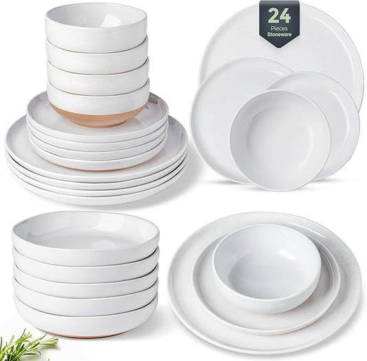 AmorArc 24 Pieces Ceramic Dinnerware Sets for 6, Handpainted Plates and Bowls Set with Rustic Terracotta Underside, Scratch Resistant Stoneware Dishes Set, Dishwasher & Microwave Safe, White