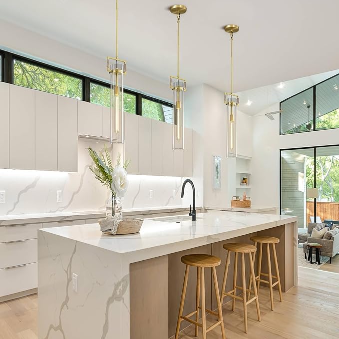 Brass Pendant Lights,Modern Glass Pendant Lights Kitchen Island 2 Pack,21.6'' Farmhouse Gold Kitchen Pendant Lighting Over Island for Dining Table,Bathroom,Bedroom