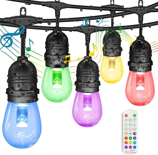 GANA Outdoor String Lights, Patio Lights 96FT Music Flash RGBW Colourful, Safe 12V Low Voltage LED Shatterproof Bulbs Connectable, Heavy Duty Wire IP65 Waterproof Level, for Courtyards Bistro