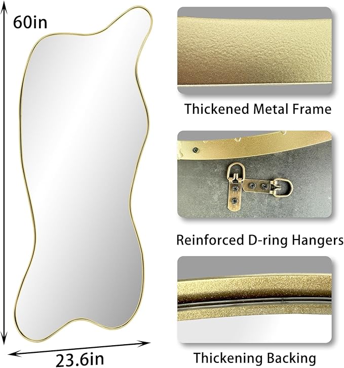 Large Gold Irregular Mirror, Asymmetrical Mirrors Full Length, 59.8"x23.6" Standing Floor for Dressing, Metal Frame Waved Shaped Mirror for Living Room Bathroom Bedroom Hallway Entryway