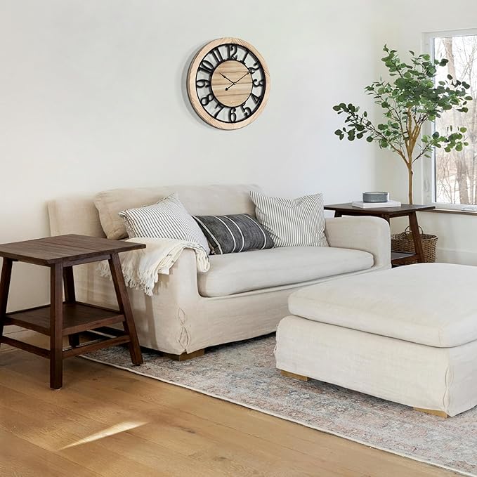 LEIKE 16 Inch Large Wall Clock - Rustic Wooden Silent Non-Ticking Wall Clock with Black Metal Frame, Vintage Farmhouse Decorative for Living Room, Bedroom, Kitchen - Arabic Numerals, Modern Design