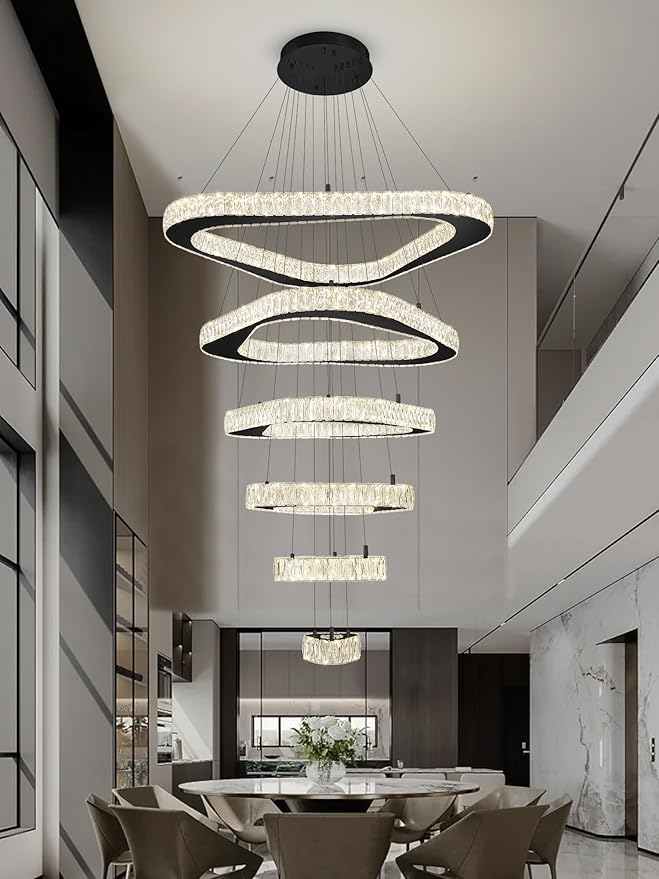 Modern Crystal Chandeliers for High Ceiling 6 Ring Chandelier LED Black Ceiling Lights Fixtures High Ceiling Chandelier for Foyer Staircase Living Room Dining Room 2700K-6000K