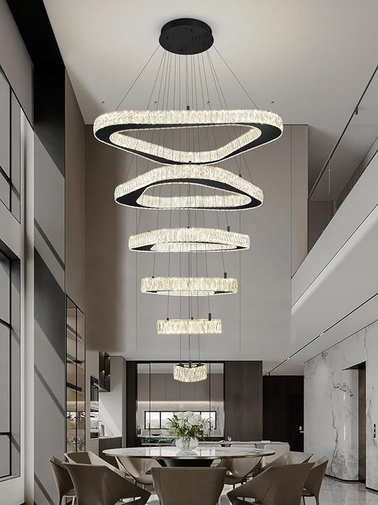 Modern Crystal Chandeliers for High Ceiling 6 Ring Chandelier LED Black Ceiling Lights Fixtures High Ceiling Chandelier for Foyer Staircase Living Room Dining Room 2700K-6000K