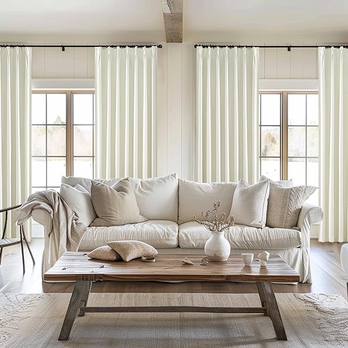 Custom Long 105 Inch Curtains Blackout for Living Room 2 Panels Set Pinch Pleated Noise Cancelling, Modern Cream White 105 Inch Linen Thermal Window Drapes for Winter 40" Wx105 Lx2