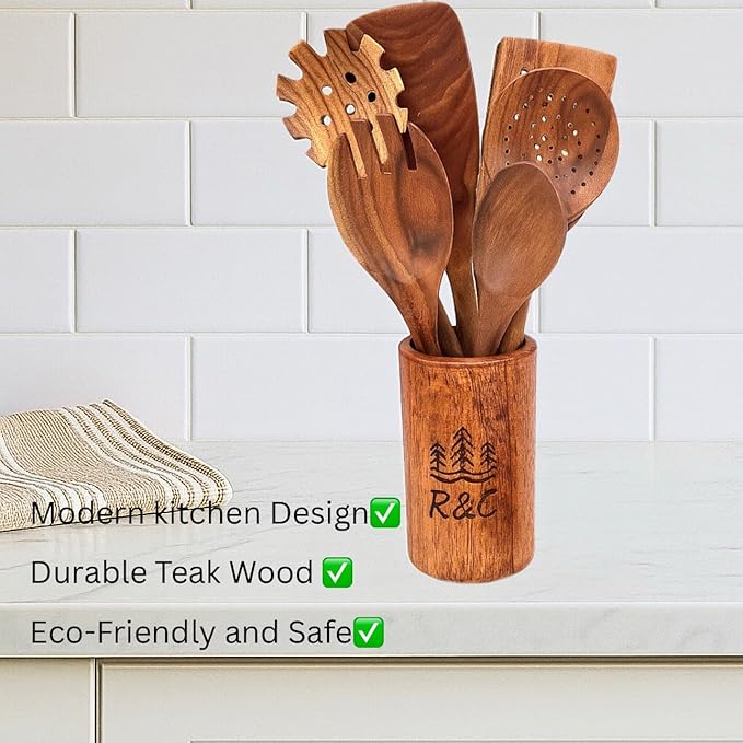 R&C 9-Piece Wooden Kitchen Utensil Set – Premium Teak Cooking Spoons, Spatulas & Strainer with Holder & Hooks – Eco-Friendly, Nonstick, Durable Wooden Cookware Gift Set