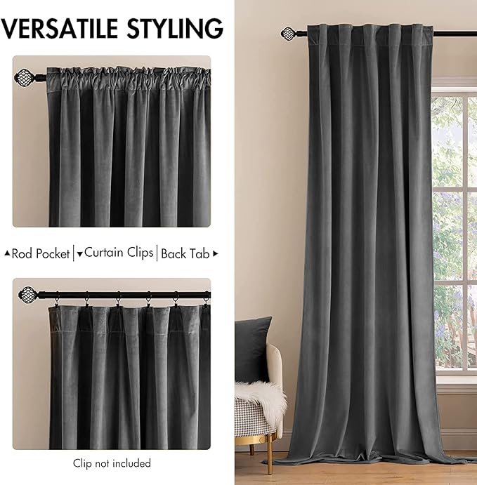 MIULEE Grey Velvet Curtains 108 inches Long 2 Panels - Luxury Blackout Curtains for Bedroom Living Room Thermal Insulated Fall Decor Super Soft Window Drapes Rod Pocket & Back Tab