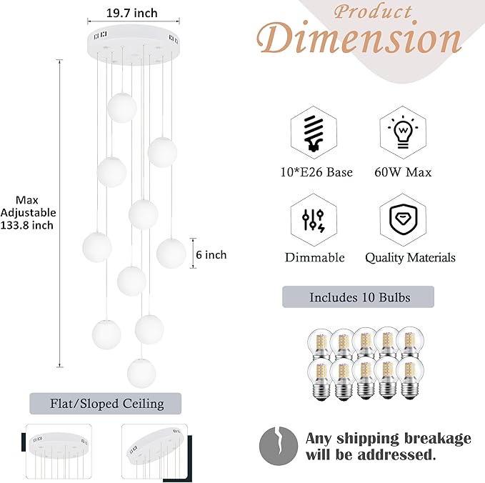 KoKo&Yukina Globe Pendant Light Adjustable Hanging Light Staircase Chandelier Milk Glass Pendant Lights with Milky White Glass Shade Globe Lights for Staircase