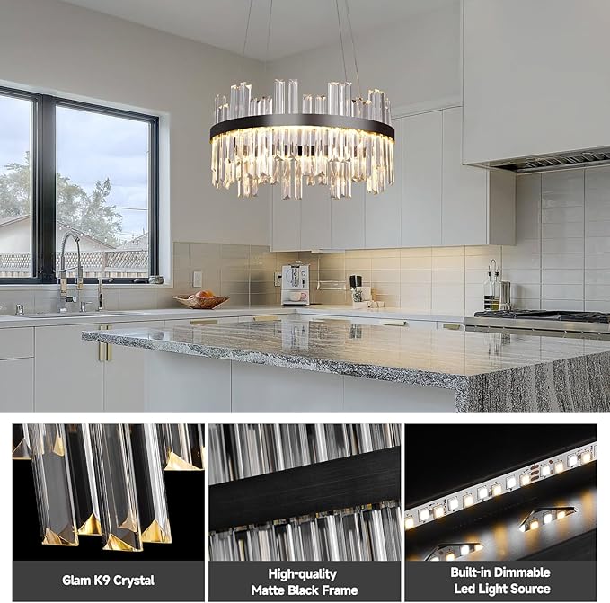 Black Led Modern Crystal Chandelier: 19.7" Round Contemporary 3 Color Dimmable Dining Room Light Fixture over Table - Adjustable Lighting Chandeliers for Bedroom Living Kitchen Island Entryway Foyer