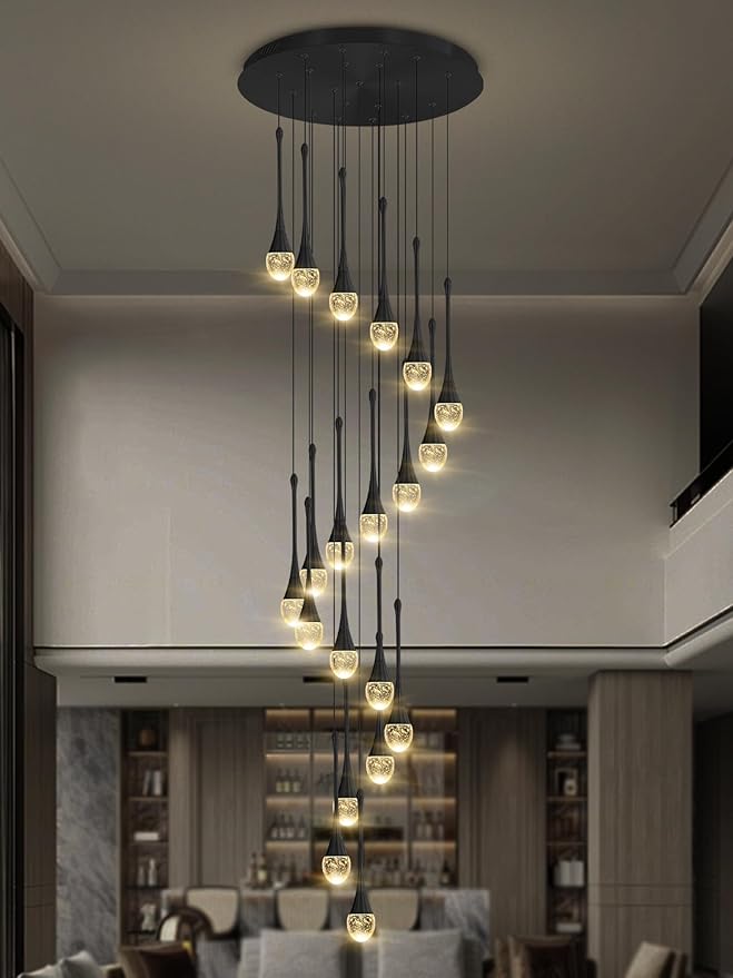 138'' Modern Chandelier,20-Lights Black Modern Pendant Light Fixture Staircase Large Chandelier Lobby Living Room Bedroom Foyer High Ceiling Chandelier