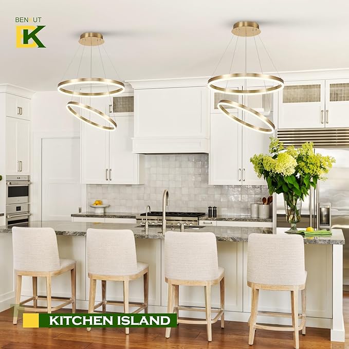 2-Rings Modern LED Chandelier Gold for Dining Room, Circular Flush Mount Ceiling Chandelier Light Dimmable Pendant Light with Remote Control for Living Room Entrance Foyer, 3000K-6500K