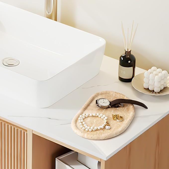Natural Travertine Tray, Special-Shaped Jewelry Tray, Marble Ring Dish for BathroomCountertop, Nightstand,Dressing Table, Bedside Table, Home Decor, Beige(Middle)(NS025)
