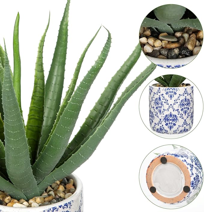 Briful Agave Plants Artificial Succulents Fake Plant in Blue Vase, 9'' Tall Realistic Faux Aloe Vera for Home Decor Indoor Centerpiece Table Kitchen
