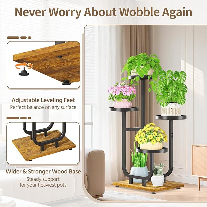 LASZOLA Black 4 Tier Tall Metal Plant Stand Indoor, Large Heavy Duty Planter Holder Rack for Vertical Corner, Sturdy Wrought Iron Spiral Multiple High Flower Organizer for Modern Patio House Bathroom