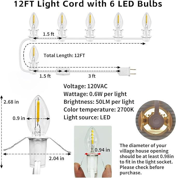6-Bulb Light Cord for Christmas Village Houses, 12FT Christmas Village Accessories, Clip Light for Blow Mold, Replacement C7 LED Lights with Socket and Switch for Christmas Villages Craft Decoration