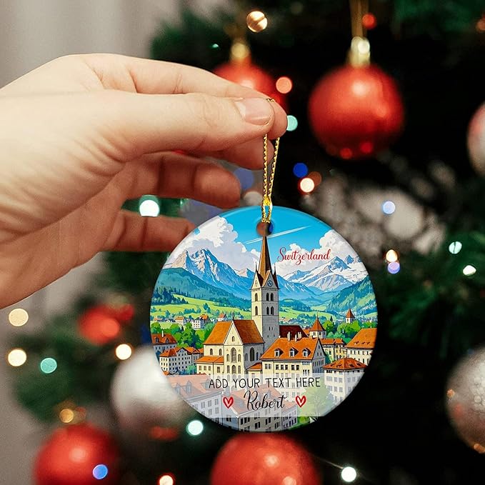 2025 Personalized Switzerland Symbols Ceramic Christmas Ornament Keepsake, Swiss Alps City Travel Souvenir Ornament Gifts for Dad Mom Family Friends, Custom Text/Name Switzerland Xmas Tree Decor