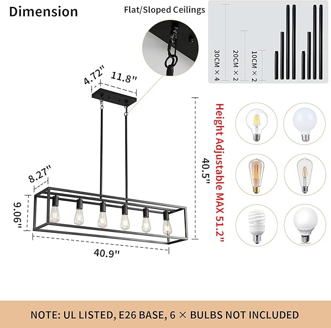 Black Farmhouse Kitchen Island Lighting, Modern Industrial Chandelier, 6-Light Linear Rectangular Pendant Light Fixtures for Farmhouse Kitchen Dining Room Bar Foyer(Metal, Height Adjustable)