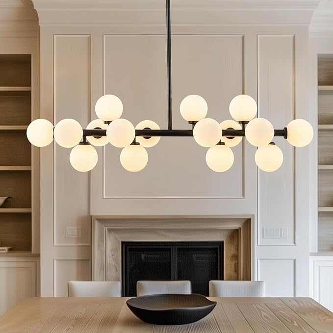 Glass Globe Sputnik Chandelier, 16-Light Mid Century Modern Light Fixture Over Table, Linear Chandeliers for Dining Room, Kitchen Island, Black and Milk White Bubble, 40 Inch, GC-02