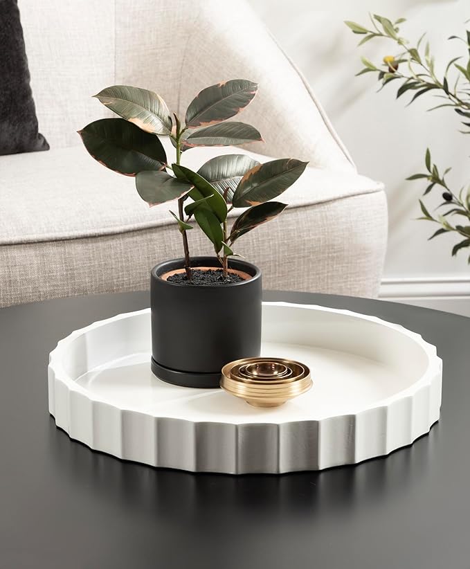 Kate and Laurel Lissi Decorative Round Tray with Wavy Design; 16 Inch Diameter; White; Modern Scalloped Circle Serving Tray for Coffee Table Ottoman; Dining Table; or Entryway Catch-All Tray