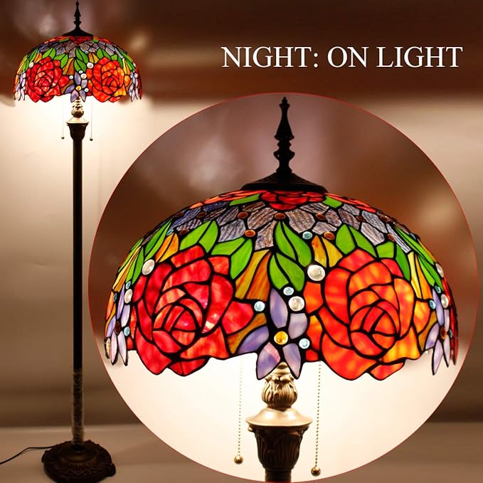 WERFACTORY Tiffany Floor Lamp Red Yellow Rose Stained Glass Standing Reading Light 16X16X64 Inches Antique Pole Corner Lamp Decor Bedroom Living Room Home Office S001 Series