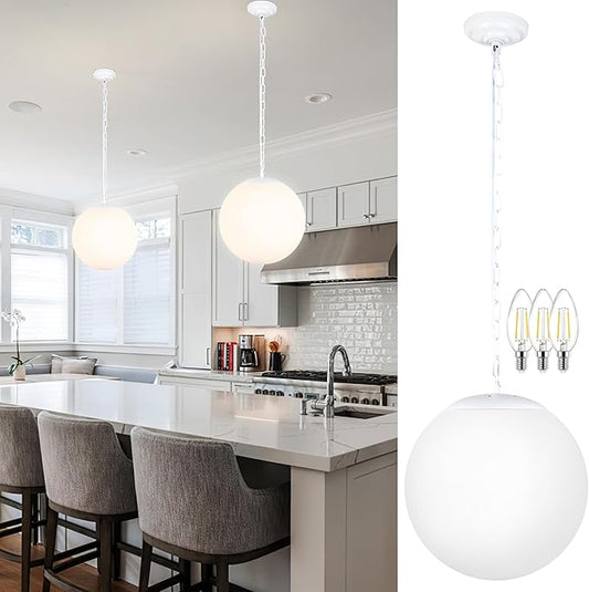 KoKo&Yukina 13.7 Inch Globe Pendant Light Adjustable White Globe Pendant Lights Kitchen Island Mid Century Light Fixture with Milky White Glass Shade for Living Room