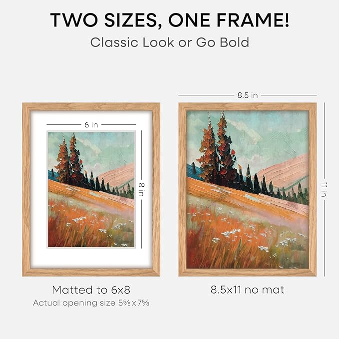 Homeforia 8.5 by 11 Picture Frame Wood, High End Natural Oak 8.5x11 Light Wooden Frames with Mat 6x8 inch Photo, 8.5 x 11 Wall or Tabletop Frame Matted to 6 x 8 Art, Tempered Glass, Wall Kit, Set of 1