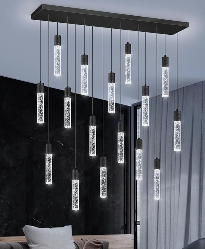 16-Lights Modern Crystal Rectangular Chandeliers LED Pendant Light for Kitchen Island High Ceiling Chandelier for Dining Room Entrance Foyer Living Room Black