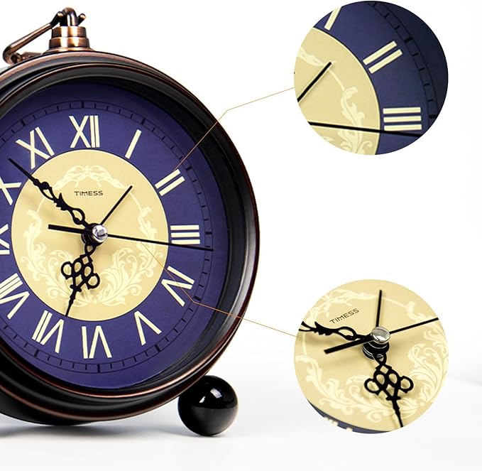 Vintage Analog Alarm Clock, 6.1" Silent Non-Ticking Quartz Desk Clock with Roman Numerals, Battery Operated Table Clock for Bedroom, Living Room, Office, or Gift (Blue)