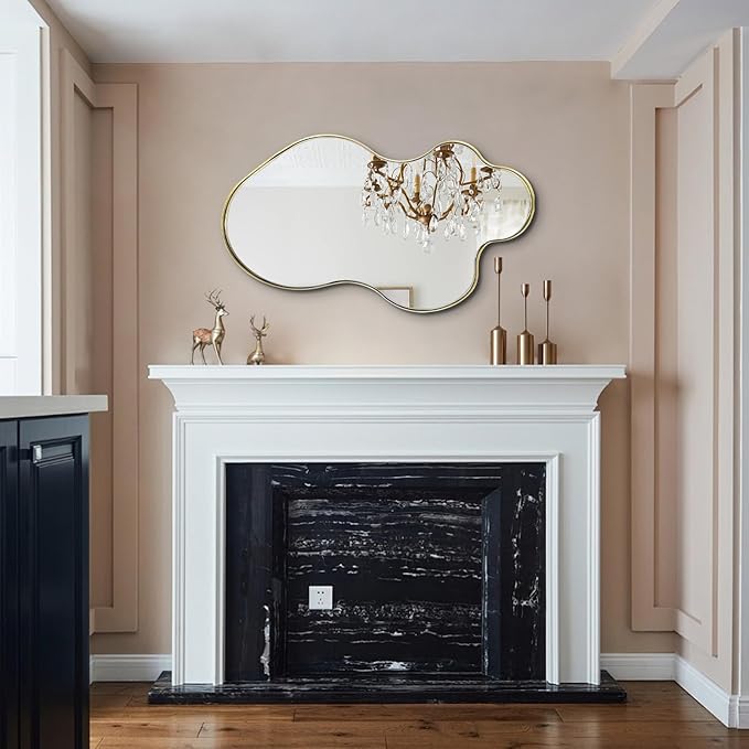 Gold Scalloped Mirror, Irregular Shaped Mirror, 30"x18" Asymmetrical Wall Mirrors Decorative, Wavy Oval Mirrors for Living Room Bathroom Bedroom Hallway Entryway Fireplace