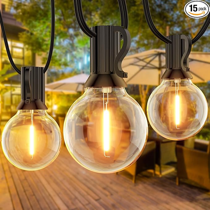 GLUROO Outdoor String Lights, 30FT LED Patio Lights Outdoor Wateproof with 15+1 Globle Bulbs Shatterproof, 2700K Outside for Backyard,Bistro,Camping,Deck,Yard,Garden