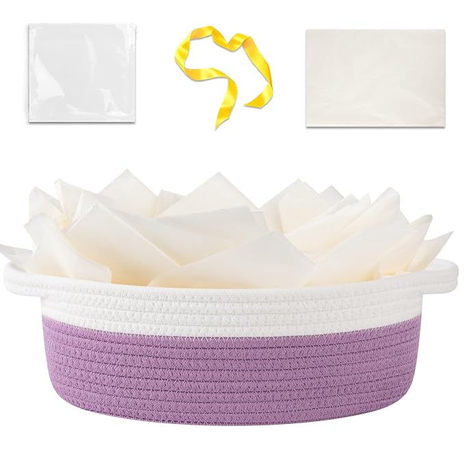 OIAHOMY Gift Basket Empty with Handle, 12"x 8"x 5" Small Woven Basket with Gift Bag, Ribbon and Wrap Tissue Paper, Dog Toy Storage for Organizing - Lilac Purple & White