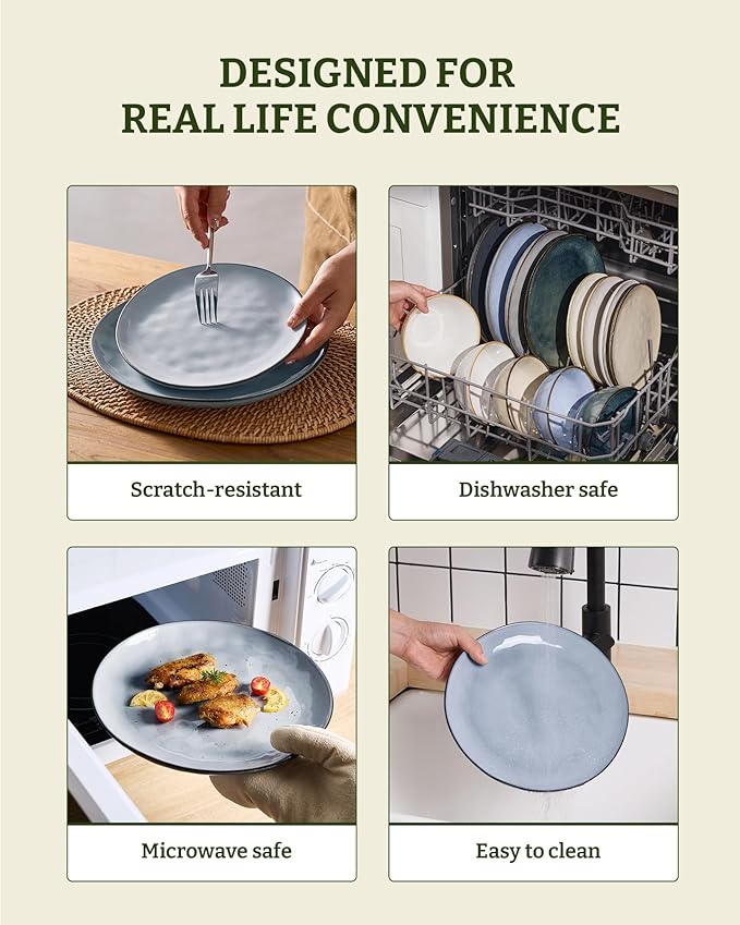 Famiware Dinnerware Sets for 4, Ocean Round 12-Piece Kitchen Plates and Bowls Sets, Reactive Glaze, Microwave and Dishwasher Safe, Scratch Resistant, Grey