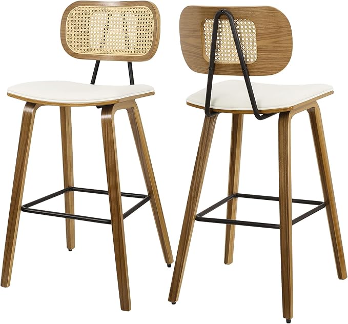 Counter Height Bar Stools Set of 2, Mid Century Modern Counter Stools, 26" Wood Kitchen Stool PU Leather Upholstered Barstool with Rattan Back, Counter Height Island Dining Bar Chair, Cream White