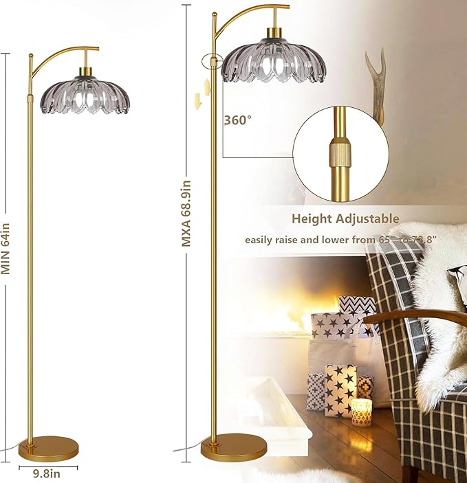 Floor Lamp for Living Room,Bedroom,Gold Dimmable Standing Lamp with Remote,Mid Century Modern Brass Tall Lamp Retro Vintage Grey Glass Lamp Floor Light Boho Bohemian