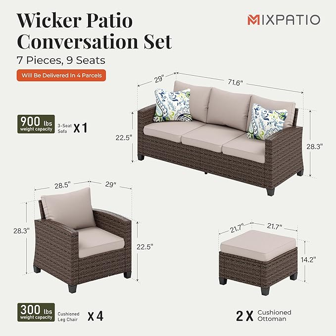 Patio Furniture Set, 7 Pcs Wicker Rattan Rattan Outdoor Conversation Set, 4 x Single Chairs, 1 x 3 Seater Sofa and 2 x Ottoman with 4" Thick Cushion for Garden Backyard Deck, Beige