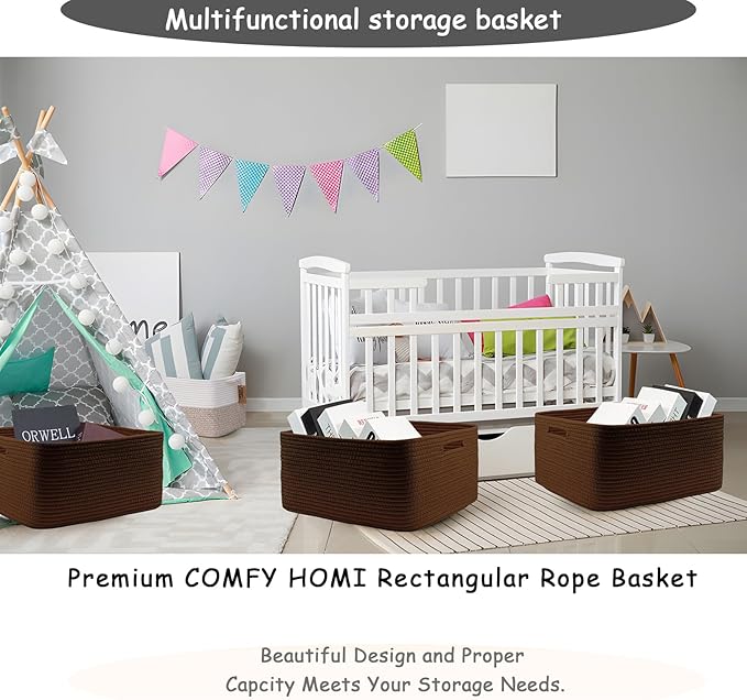 COMFY-HOMI 2 pcs Large Storage Baskets for Shelves, Laundry Basket, Woven Rope Basket, Closet Organizer Bins for Clothes Blanket Towels, Baby Nursery, Gift Toy Baskets, 17” x 13” x 7.5”-Dark Brown
