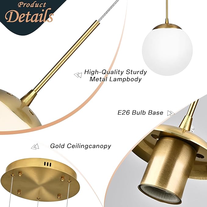 KoKo&Yukina 3-Light Globe Glass Pendant Light Modern Gold Globe Chandelier Adjustable Length Pendant Light Fixtures Milky White Glass Lights Fixture for Hallway Living Room Bedroom