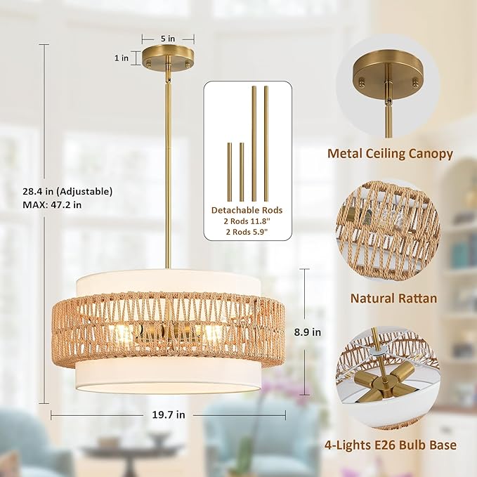 19.7" Boho Rattan Chandelier, 4-Light Large Rattan Pendant Light with Fabric Shade, Boho Drum Ceiling Hanging Light Fixture for Dining Room, Living Room, Kitchen Island, Hallway, Foyer