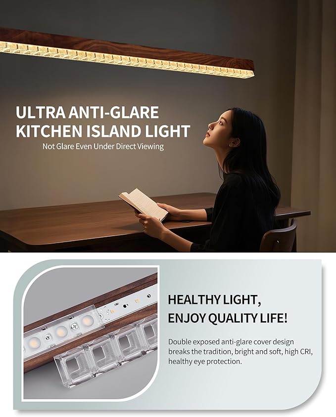 47" Wood Linear Pendant Light, Dimmable Kitchen Island Lighting with Remote, 30W LED Island Lights for Kitchen, Adjustable Linear Chandelier for Dinning Room Light Fixture,Pool Table Light - Walnut