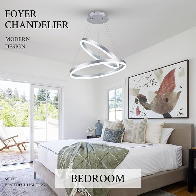 Modern LED Chandelier Silver 2-Rings Pendant Light Circular Flush Mount Ceiling Chandelier Lighting with Remote Control for Bedroom Living Room Dining Room Entrance, 3000K-6500K