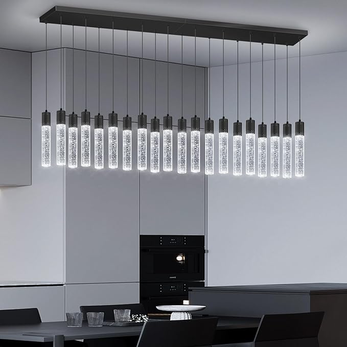 20-Lights Modern Crystal Rectangular Chandeliers LED Pendant Light for Kitchen Island High Ceiling Chandelier for Dining Room Entrance Foyer Living Room Black