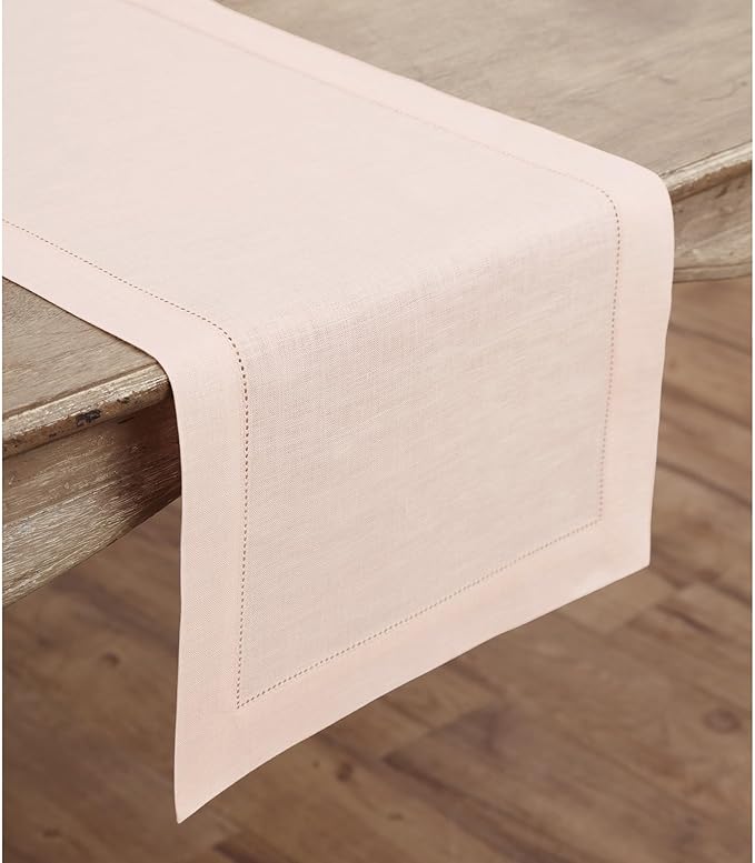 Solino Home Linen Pink Table Runner 90 Inches Long - 100% Pure Linen Hemstitch 14 x 90 Inch Table Runner for Dining and Halloween - Classic Hemstitch