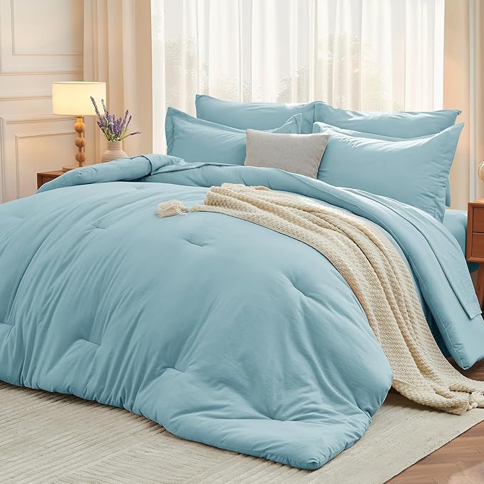 MUXHOMO 7 Pieces King Comforter Set, Soft Bed in a Bag King Size, All Season Bedding Set with Comforter, Flat Sheet, Fitted Sheet, Pillowcases & Shams, Lake Blue