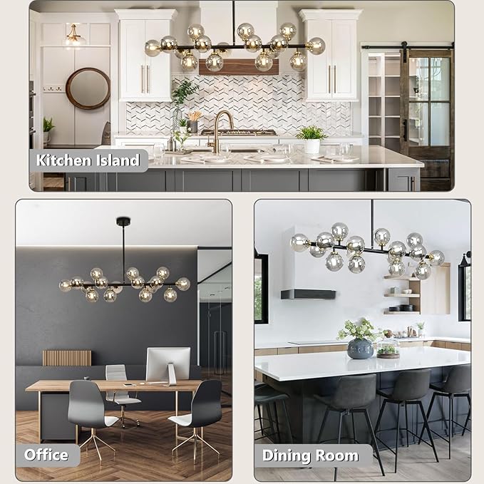 Mid Century Modern Chandelier, 39in 16-Lights Bubble Chandelier Glass Globe Pendant Light Linear Sputnik Chandeliers Light Fixtures for Dining Room, Kitchen Island