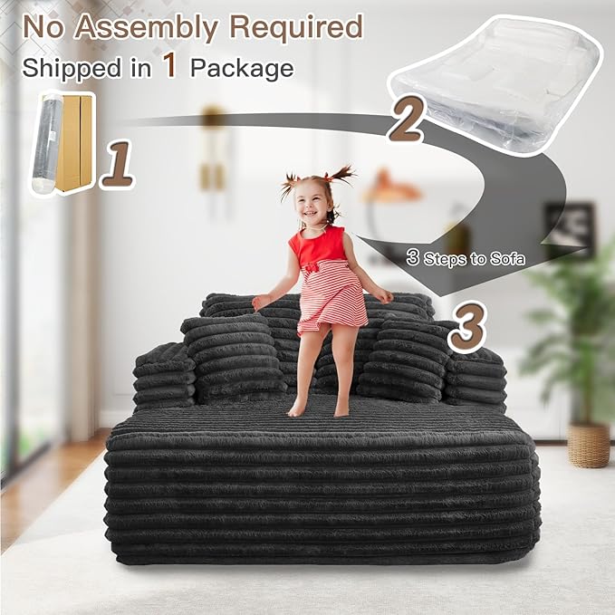 56"W Oversized Chaise Lounge Chair Indoor,Plush Faux Fur Sleeper Sofa Couch Bed with Pillows&Wide Armrest,Fluffy Comfy Cloud Sofa,Compression Foam Boneless Couch for Living Room,Bedroom(Black)