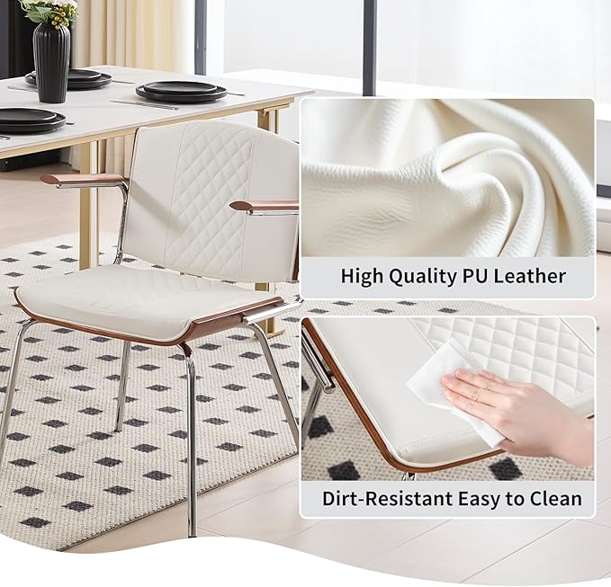 Dining Chairs Set of 2, Mid-Century Modern PU Leather Upholstered Chairs with Walnut Bentwood Backrest and Silver Metal Legs for Kitchen Dining Room Home Office,