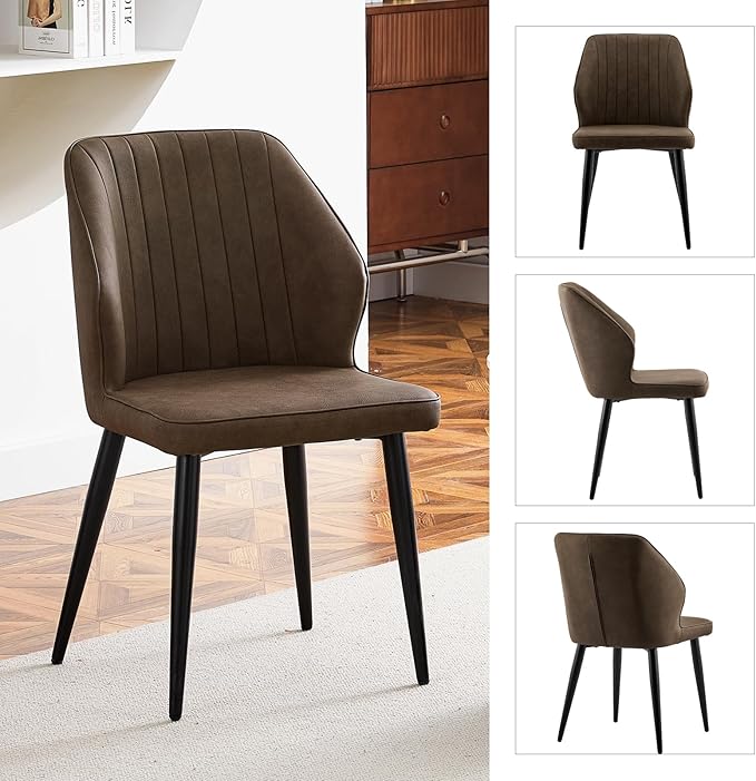 CLIPOP Faux Leather Dining Chairs Set of 2, Mid Century Modern Kitchen Chair, Upholstered Seat Leisure Side Chair with Backrests, Metal Legs for Living Room, Lounge, Guest Room, Brown