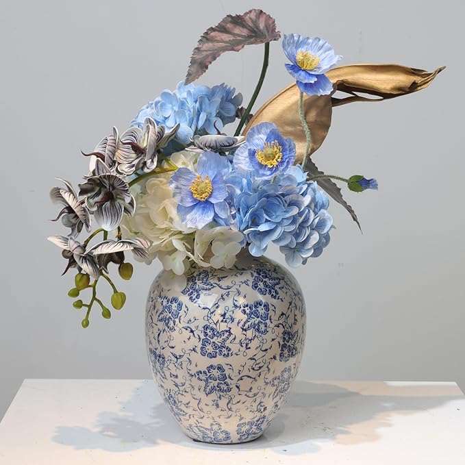 Vintage Blue and White Floral Ceramic Vase – Round Pottery Terracotta Jar for Home Decor, Rustic Farmhouse Boho Table Centerpiece, Fresh or Dried Flower Holder, 7.9 Inch Decorative Accent